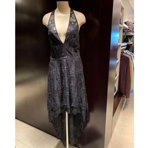 BEBE Hi—Low Halter Lace Open Back Dress